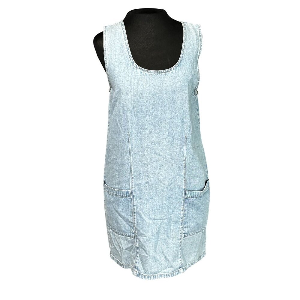 Vintage Cherokee Light Denim Sleeveless Pinafore Dress With Front Pockets Sz S